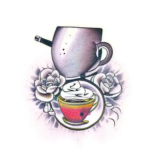 A Traditional Tattoo Of A Coffee Mug Surrounded By Retro-inspired Space Elements And Flowers