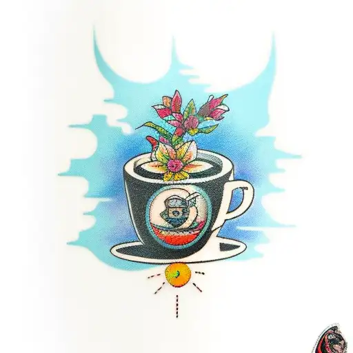 A Traditional Tattoo Of A Coffee Mug Surrounded By Retro-inspired Space Elements And Flowers