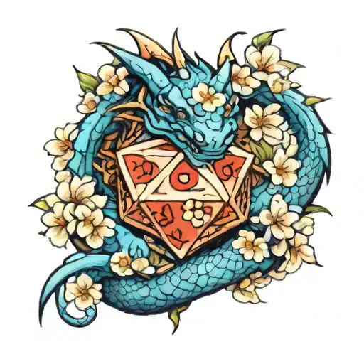 Cute Blue Dragon D20 Dice Cherry Blossoms
