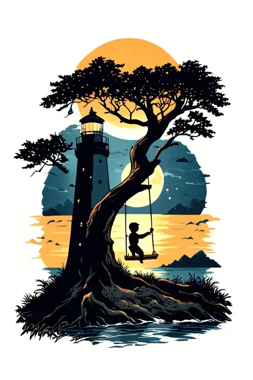 A Tree With A Boy On A Swing Looks At The Lighthouse Moon And Sun