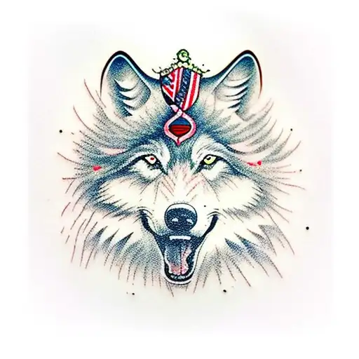 American Traditional Wolf With Bonnet On Head