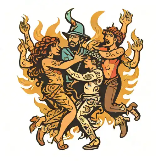 Multiple Poeple Dancing Around A Fire Hand To Hand