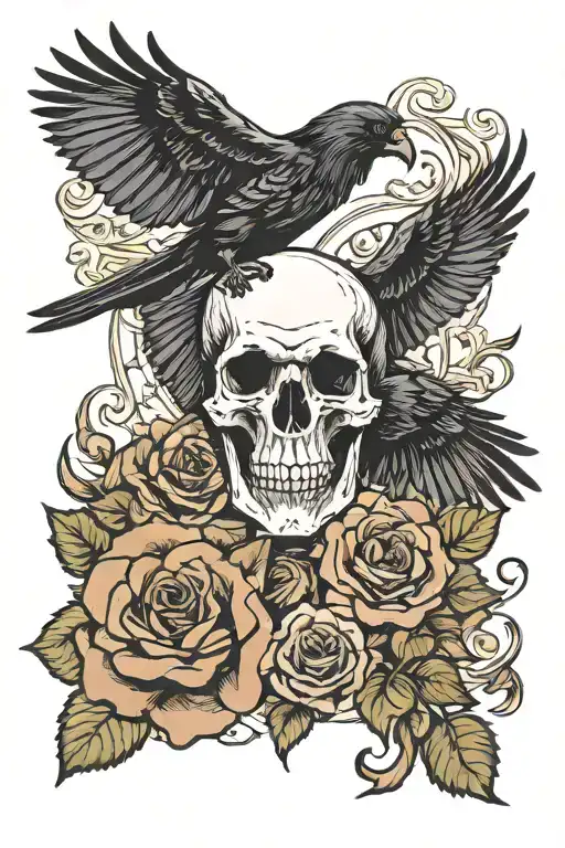 Odin Ravens With Human Skull And Roses Intertwined