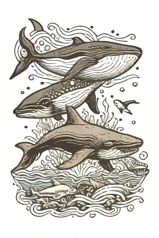 Underwater Scene With Whale And Shark Swimming