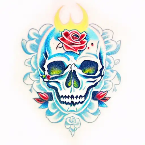 Skull With Blue And Red Roses