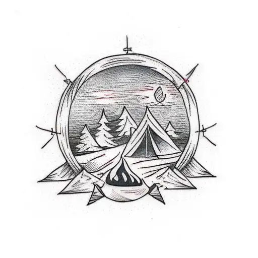 Design A Traditional Tattoo Featuring A Camping Scene With A Bonfire And A Starry Sky