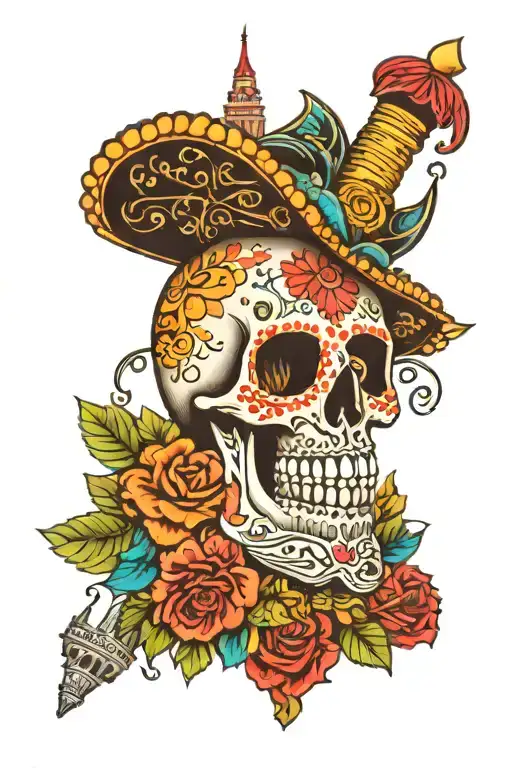 Dia De Los Muertos Colorful Skull With The Tower Of Americas Going Through It