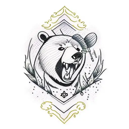 A Traditional-style Tattoo Of A Bear Strumming A Guitar In A Serene Forest Setting