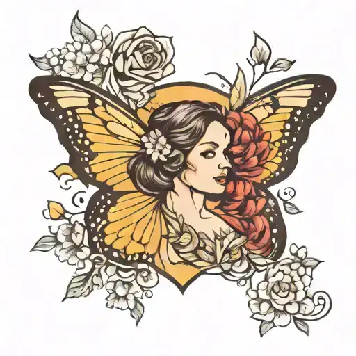 Woman With Half Butterfly Wing And Half Flowers With Honeycomb Background For Sleeve