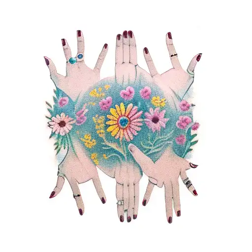 Three Female Hands Holding Vibe With Wildflowers Growing From It