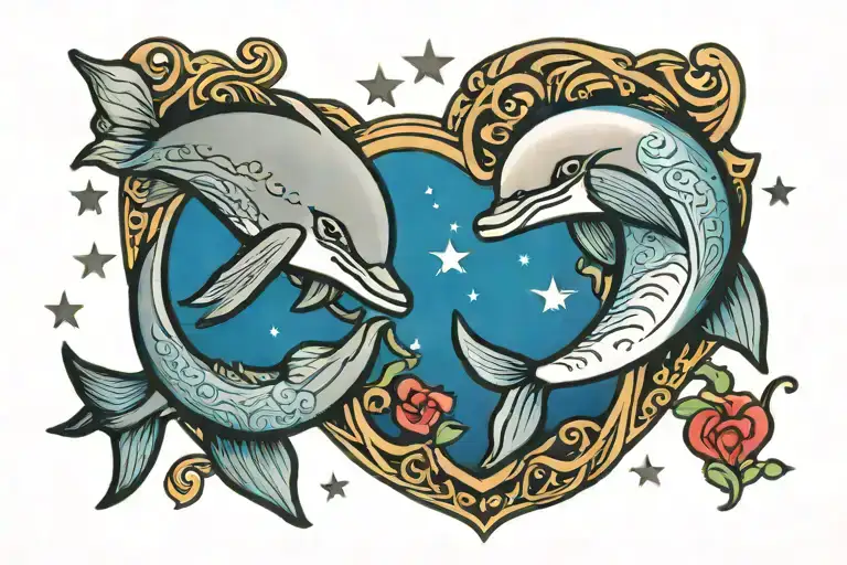 Moon And Dolphin Forming Heart