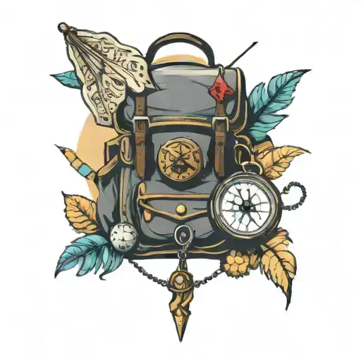 Traveler's Backpack With A Compass And Dice And A Bedroll