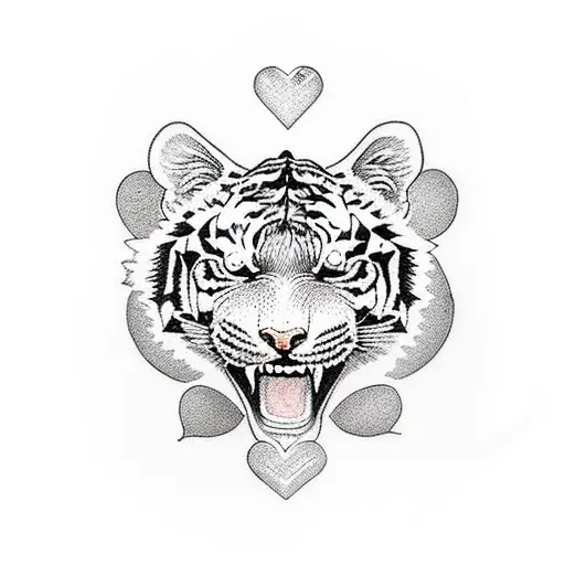 A Dotwork Tiger Tattoo With A Heart-shaped Tarot Card As Its Eye