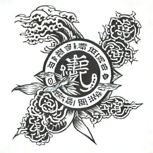 A Traditional Tattoo Of A Quote In Japanese Writing Surrounded By Symbols Of Honor And Strength