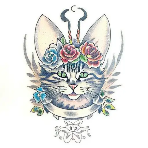 A Traditional Tattoo Design Of A Cat Wearing A Floral Crown