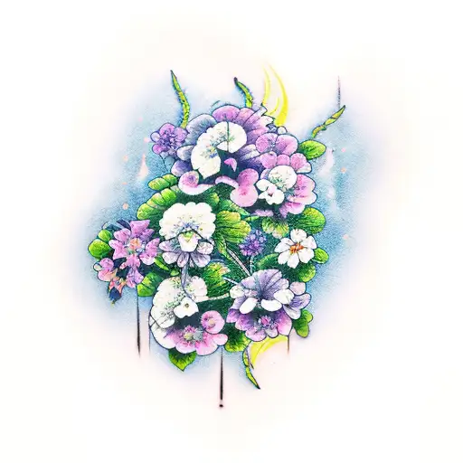 A Traditional Style Tattoo Of A Paint Palette With Purple Geraniums As The Color Blobs
