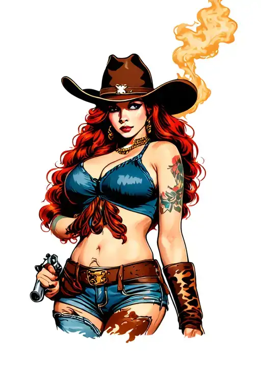 Red Hair Cowgirl Wearing Cowprint Assless Chaps Looking Over Her Shoulder And Holding A Smoking Gun