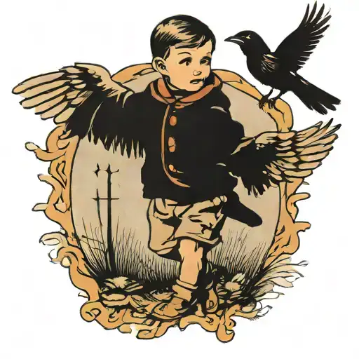 A Little Boy Standing Alone Into A Loanly Crow's Shadow