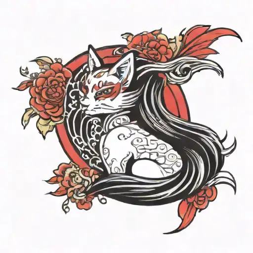 Girl Kitsune Shoulder Length Half Sideways Face Straight Colors Black White And Red Japanese Style