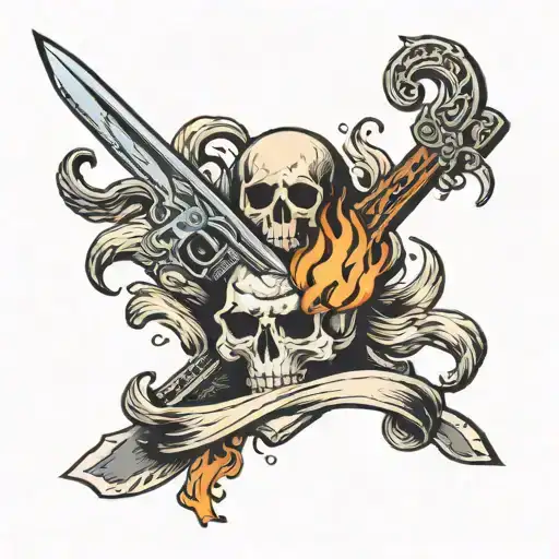 A Crossed Gun And Sword Design With Flames And Skulls Intertwined