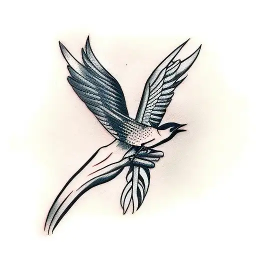 A Hand Tattoo With A Small Black Traditional Swallow Bird With A Cross Next To It