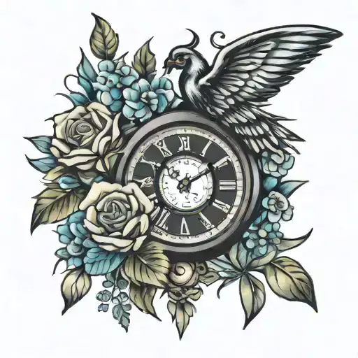 Broken Clock With Flowers And Wings Spread
