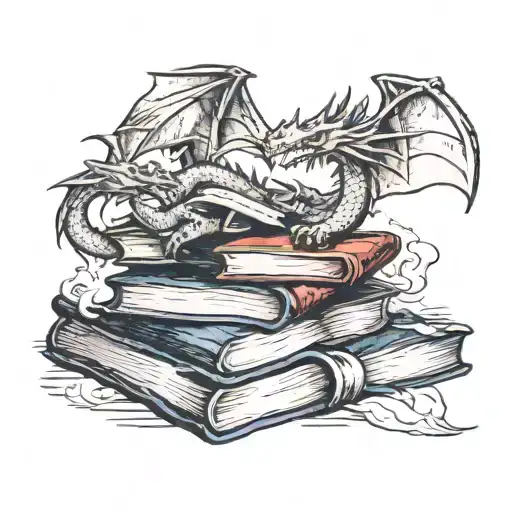 Dragons Flying Out Of Stack Of Books With An Open Book On Top