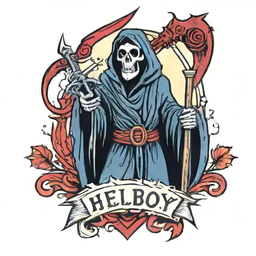 Gloomy Grim Reaper Holding A Trident With Hellboy Written Above