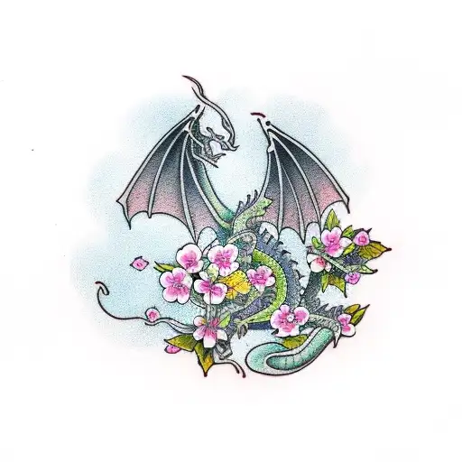 Dragon And A Pink Cherry Blossom Tree