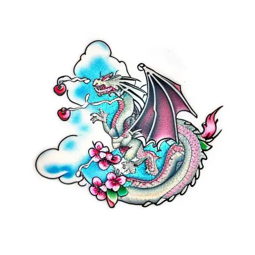 Dragon And A Pink Cherry Blossom Tree