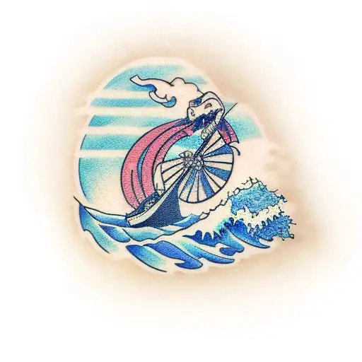 Small Cartoon Turle Riding A Wave