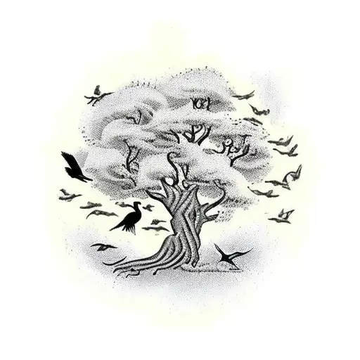 A Traditional-style Tattoo Of A Tree With Animals And Birds Perched On Its Branches