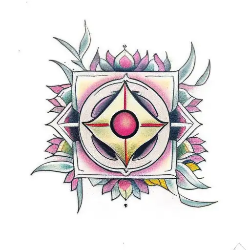 Create A Traditional-style Tattoo Featuring A Chakra Symbol Surrounded By Floral Elements
