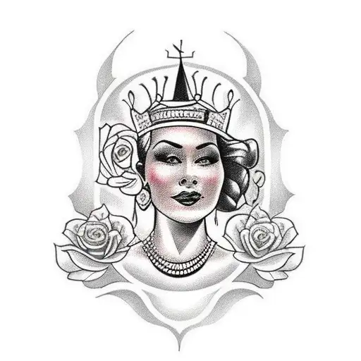 Traditional Tattoo Of A Queen Chess Piece Surrounded By Intricate Floral Patterns