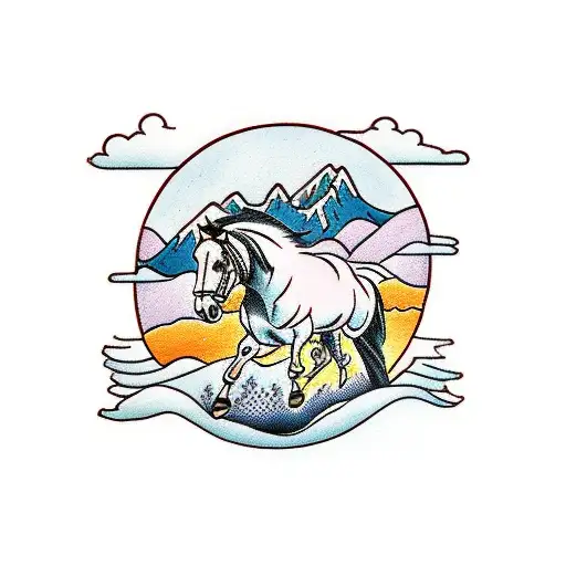 Cowboy Riding Into Mountains