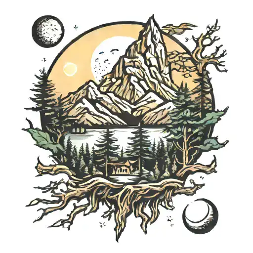 Forest With Mountains And Moon