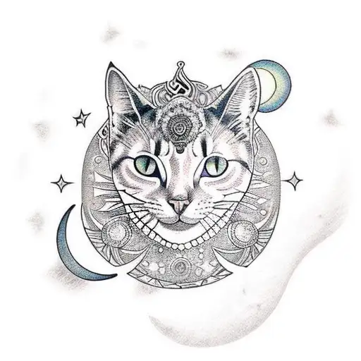 Crescent Moon With Mandala Pattern And Cat Sittin Gon Moon With Halo Above Cats Head