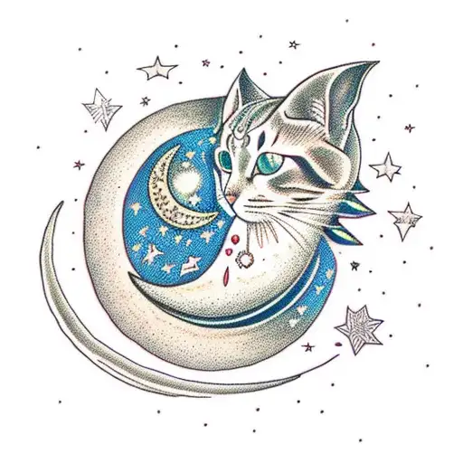Crescent Moon With Mandala Pattern And Cat Sitting On Moon With Halo Above Cats Head
