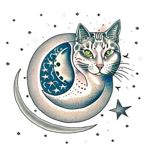 Crescent Moon With Mandala Pattern And Cat Sitting On Moon With Halo Above Cats Head