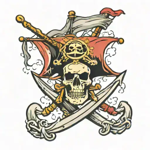 Pirate Flag Tattered And Torn And Draped Over An Anchor