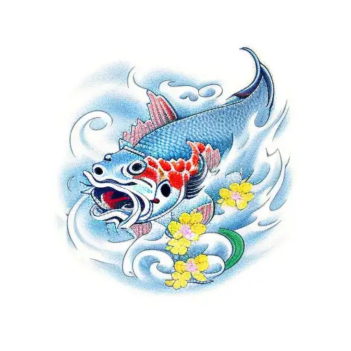 Koi Fish With Half Hannya Mask Beside It With Waves And Cherry Blossom Leafs And Flowers Falling