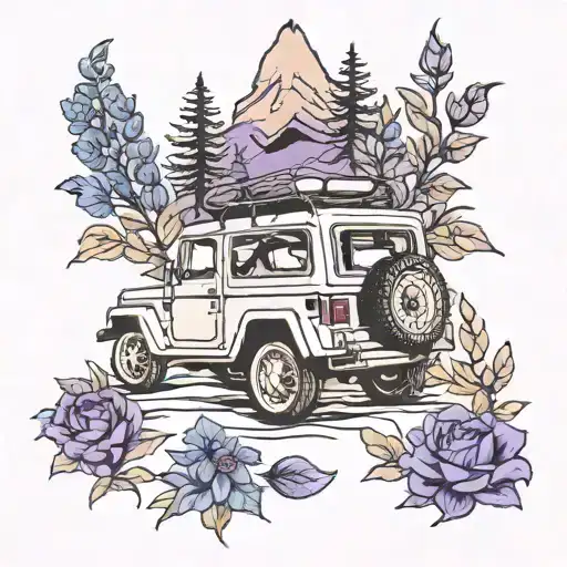 Jeep Camping Blue Flowers Camp Fire Purple Flowers
