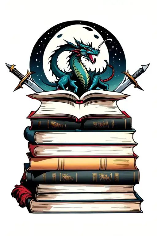 Stack Of Books Top One Open With A Dragon On Top Two Swords Fantasy Moon