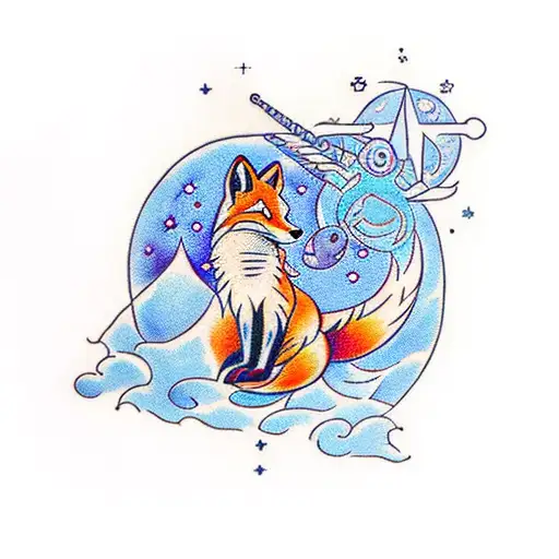 A Traditional-style Tattoo Of A Fox Surrounded By Celestial Objects