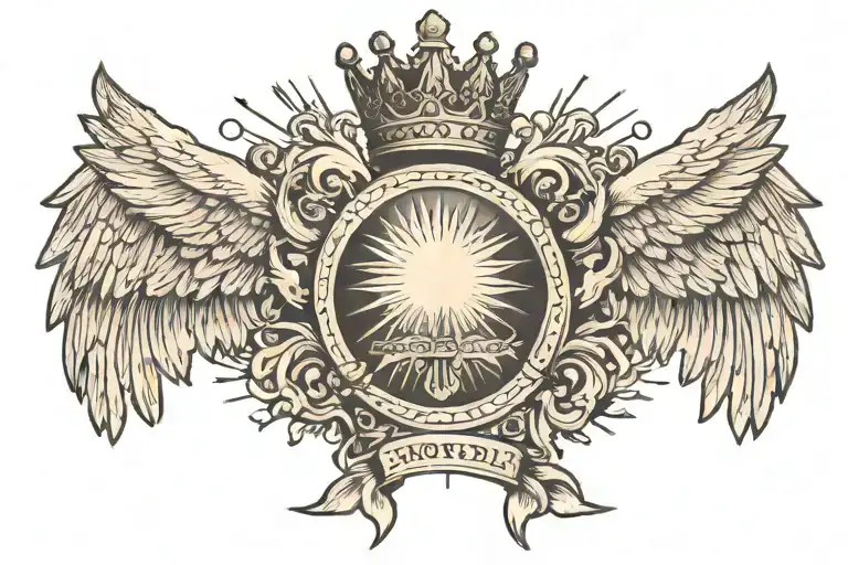 A Crown Between Spread Angel Wings With Sun Rays