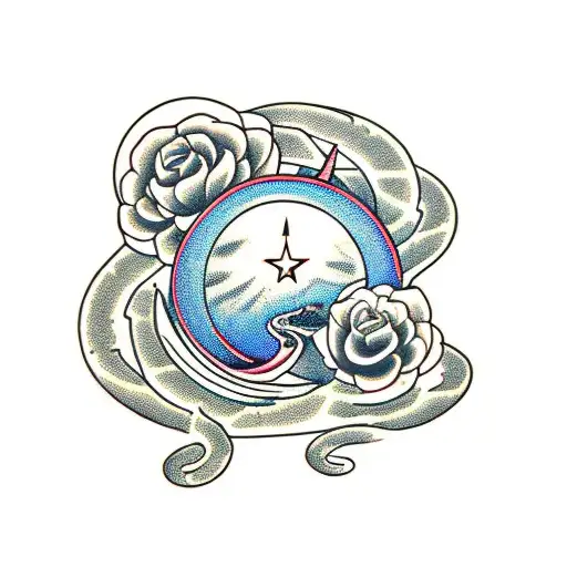 Snake And Flowers With Moon And Sun