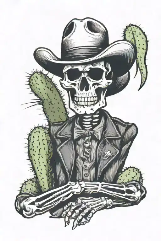 Skeleton Cowboy Leaning Against A Cactus