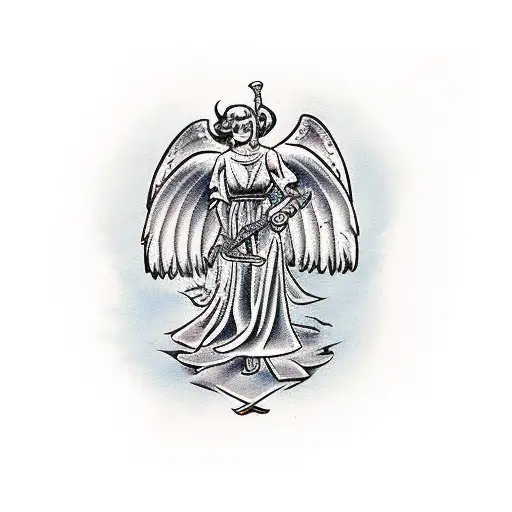 Angel And Devil Stick The Tip Of The Sword Into The Ground