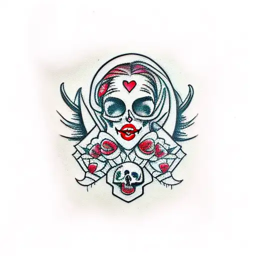 Woman Skull Nose Piercing Red Lips