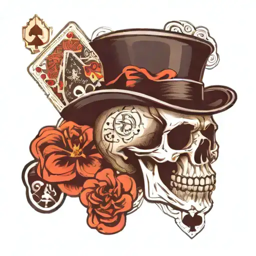 Skull With Bowler Hat With Playing Cards Of Two Black Eights And Two Aces